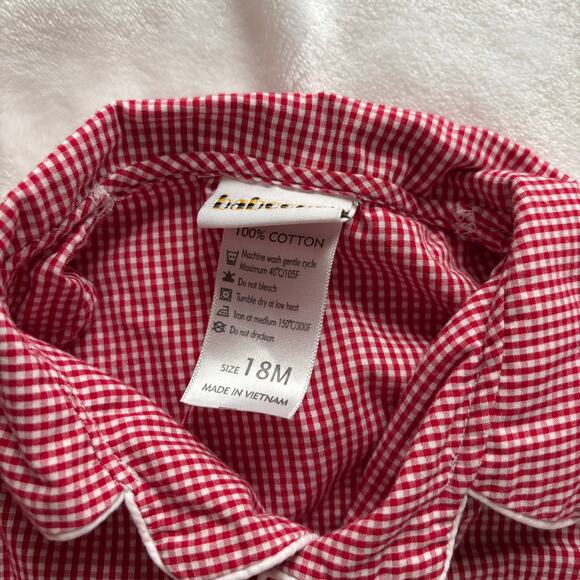 Babeeni Santa Embroidered Red and White Gingham Boys Christmas Pajamas Sz 18M - Picture 3 of 3